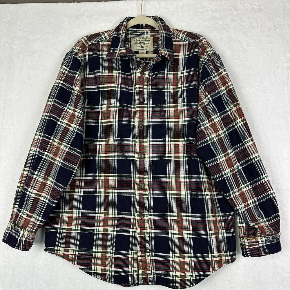 Eddie Bauer Mens Heavy Duty Cotton Twill Plaid Button Up Shirt Size Large Thick